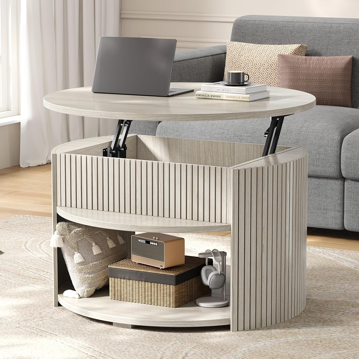 Round Lift Top Coffee Table with Storage, Fluted Mid-Century Modern Coffee Tables for Living Room, with Hidden Compartment & Open Shelves, for Small Spaces & Home Office(31.5" White Oak)