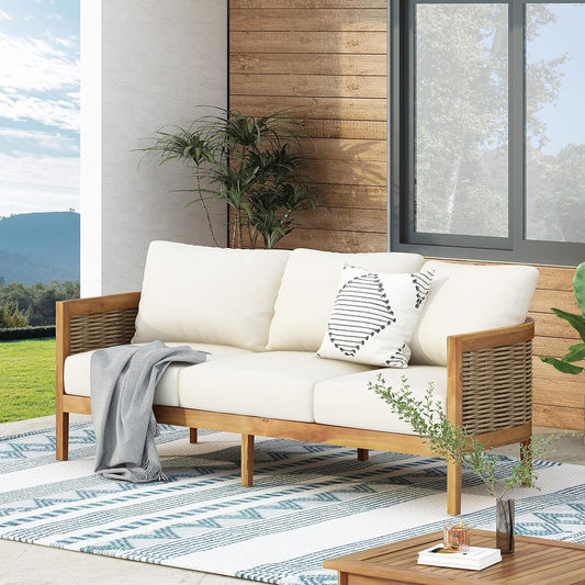 76.5" Outdoor Acacia Wood Wicker 3 Seater Sofa