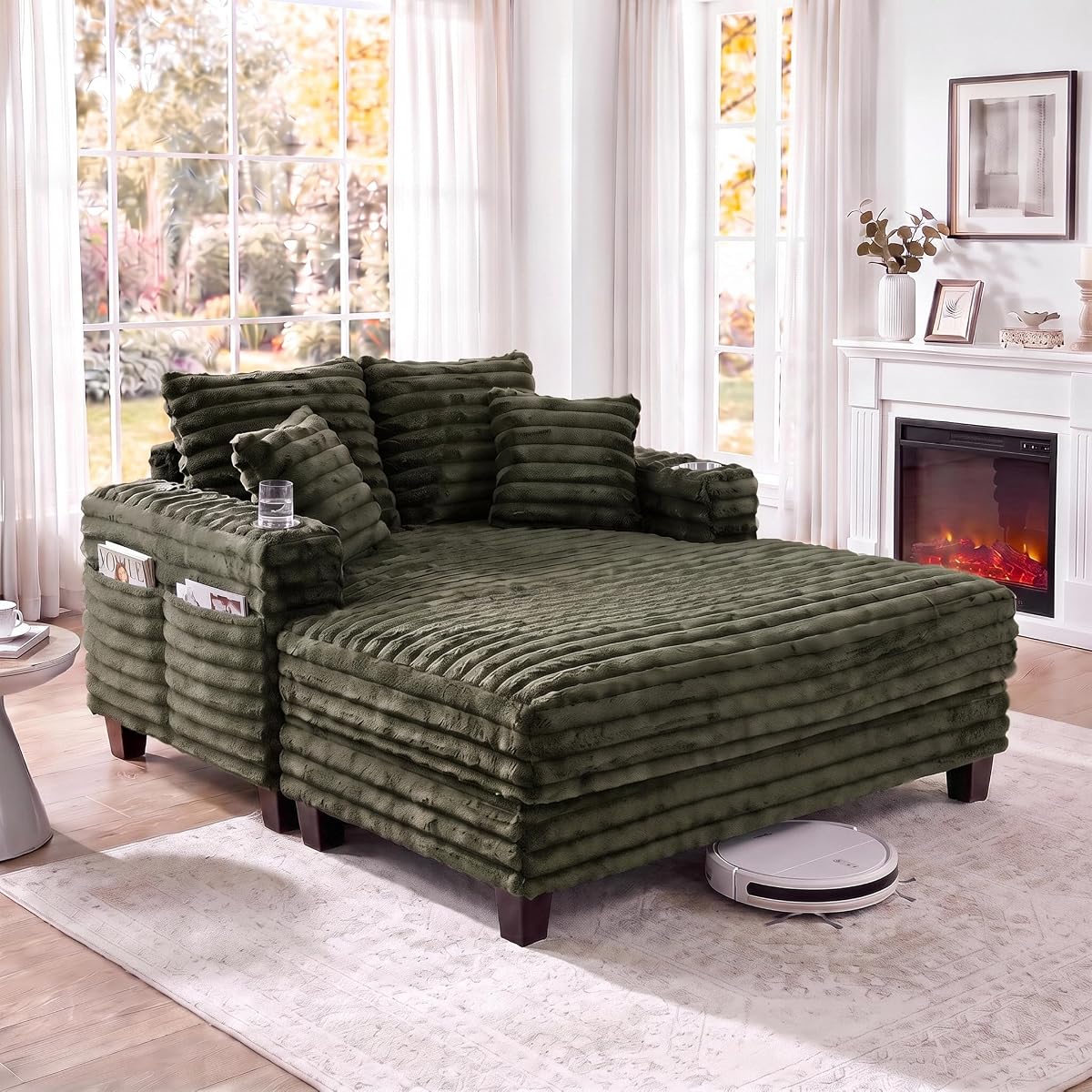 64" Oversized Chaise Lounge Chair with Wood Frame, 2 Cup Holders