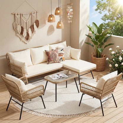 5Pcs Boho Outdoor Patio Furniture Set, High Back L-Shaped Outdoor Couch with Side Table, 500lbs Sturdy Comfy Wicker Sectional Sofa for Garden Balcony Deck Porch or Backyard, Beige