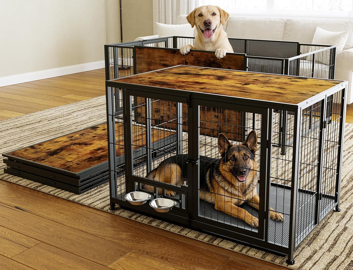 43.3" Heavy Duty Large Dog Crate with Wheels & Feeding Bowls