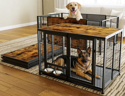 43.3" Heavy Duty Large Dog Crate with Wheels & Feeding Bowls