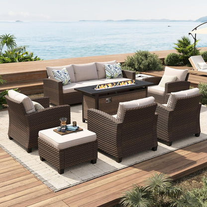 Patio Furniture Set Outdoor Furniture Brown Wicker Rattan Patio Conversation Sets with Cushion Outside Sofa Set,7 Pieces with Rectangular Firepit Table,9 Seats,Beige