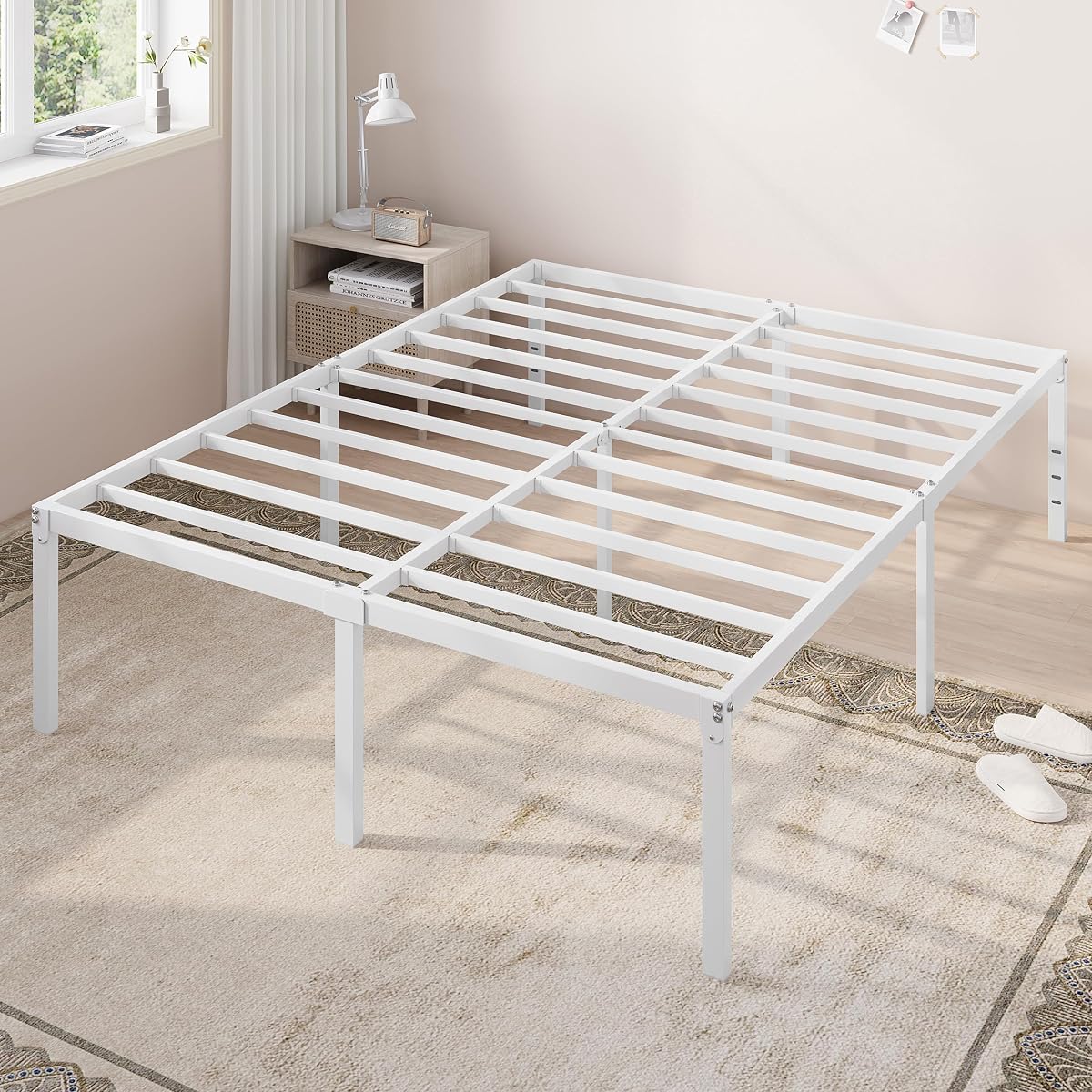 Full Size Bed Frame, 18 Inch Metal Beds with Storage Space, White