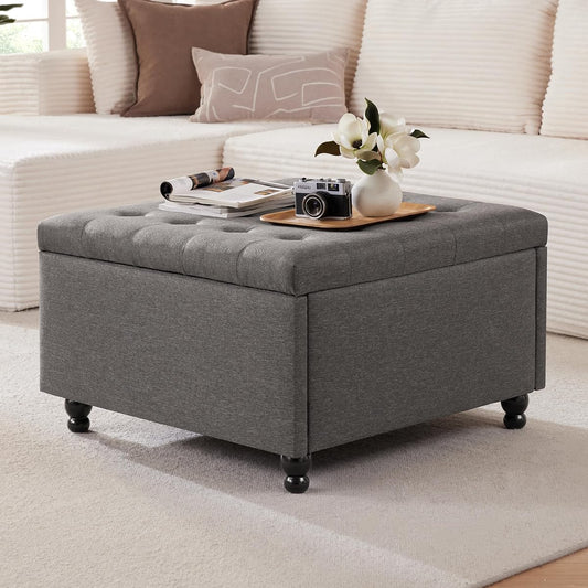 30 Inch Large Square Storage Ottoman Coffee Table, Oversized Square Ottoman with Storage, Tufted Upholstered Coffee Tables for Living Room (Fabric, Dark Grey)