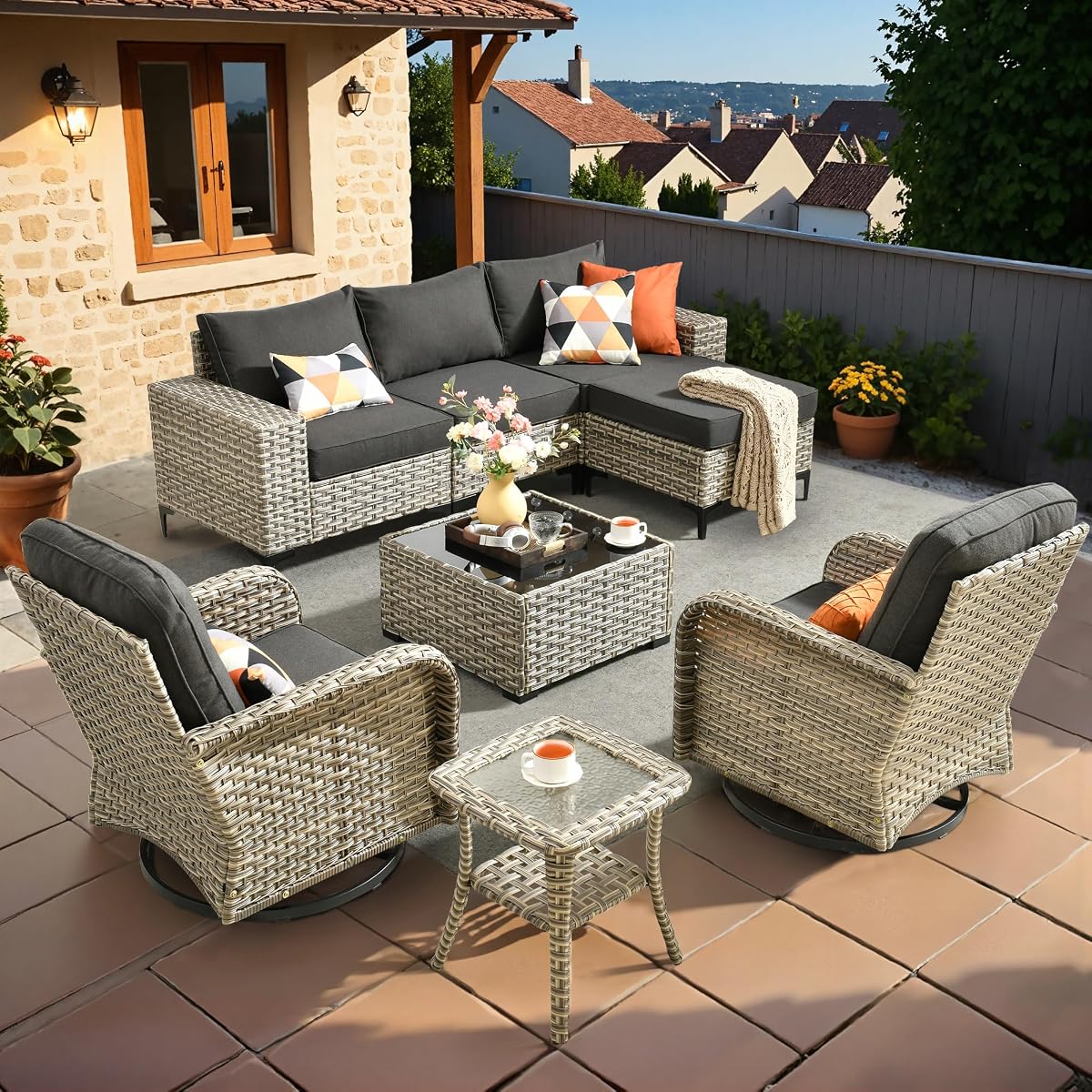 Outdoor Sectional Furniture Set,8 Pieces Wicker Patio Conversation Sets,L Shape All Weather Outside Couch Sofa Set with Swivel Chairs Ottoman,Black
