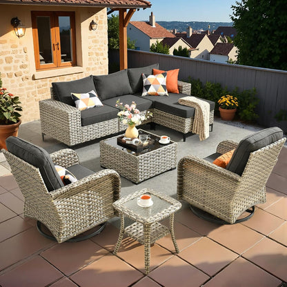 Outdoor Sectional Furniture Set,8 Pieces Wicker Patio Conversation Sets,L Shape All Weather Outside Couch Sofa Set with Swivel Chairs Ottoman,Black
