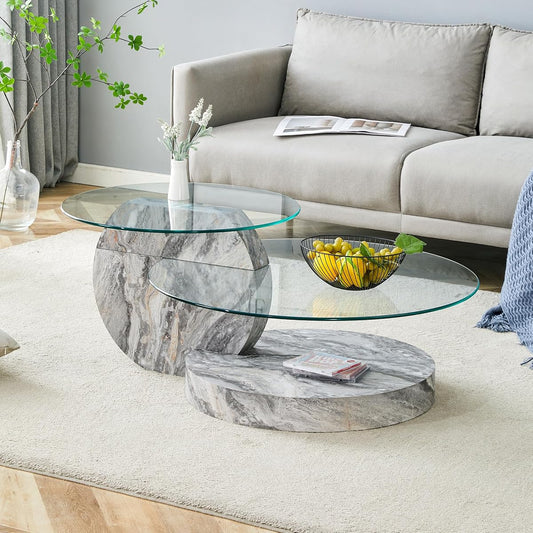 42" Glass Coffee Table｜Oval Coffee Table｜3-Tier Design with Oval Tempered Glass Tabletop｜Grey Marble Color Wooden Base｜Large Storage Space｜Smooth Edge｜Ideal for Living Room｜Easy Assembly