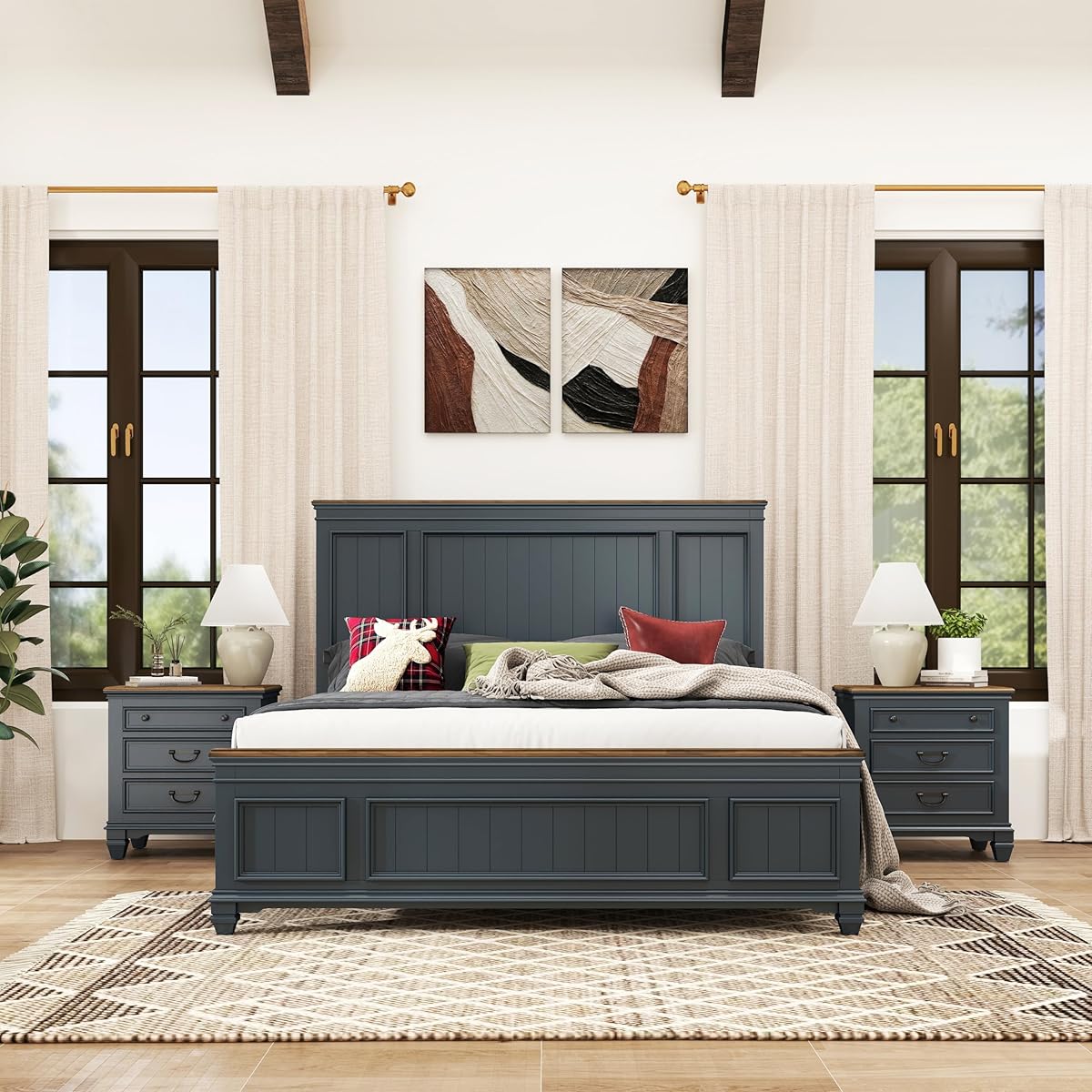 Riverton Wood 3-Piece Bedroom Set, Shiplap Panel King Bed with 2 Nightstands in Slate Blue