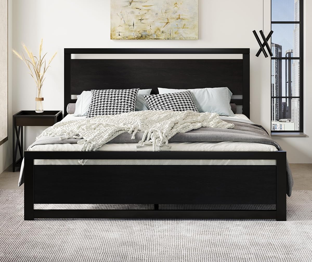 Heavy Duty King Size Bed Frame with Modern Headboard, Black