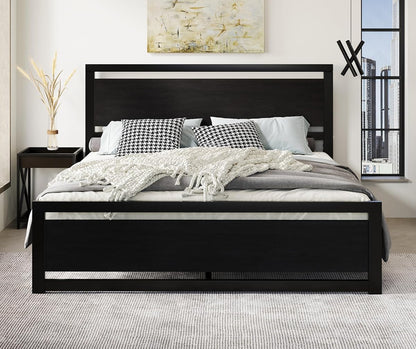 Heavy Duty King Size Bed Frame with Modern Headboard, Black