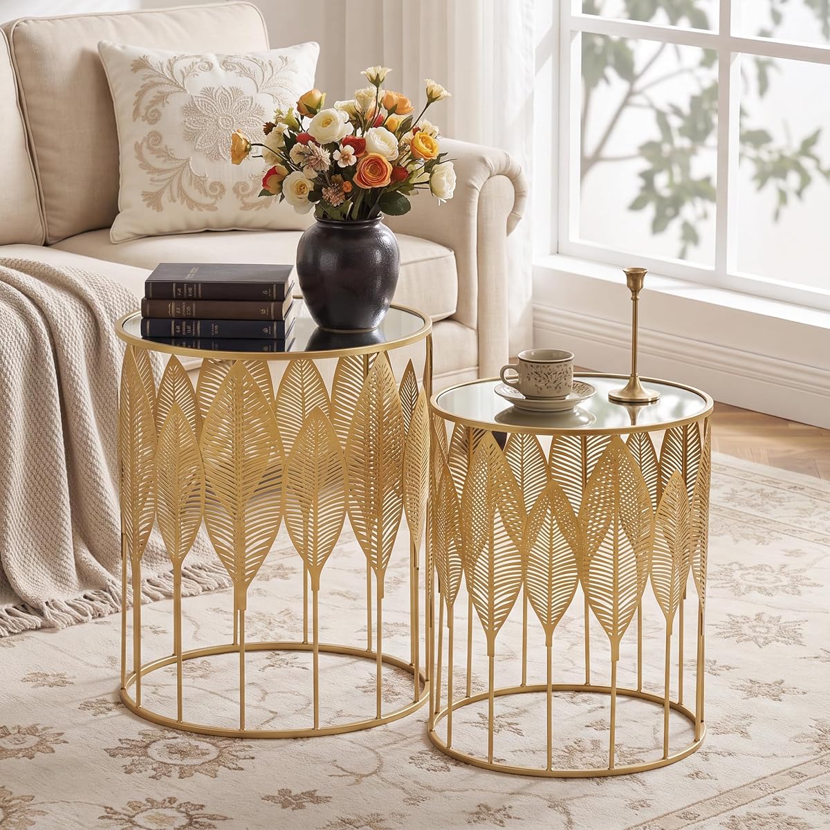 Gold Nesting Tables Set of 2, Glam Leaf Design Round End Table with Stainless Steel Top for Living Room & Bedroom, No Assembly Required