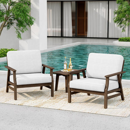 3 Piece Wood Patio Chair Outdoor Bistro Set, Outdoor Armchair All Weather Patio Sofa Furniture Backyard Conversation Sets with Wooden Side Table, Beige