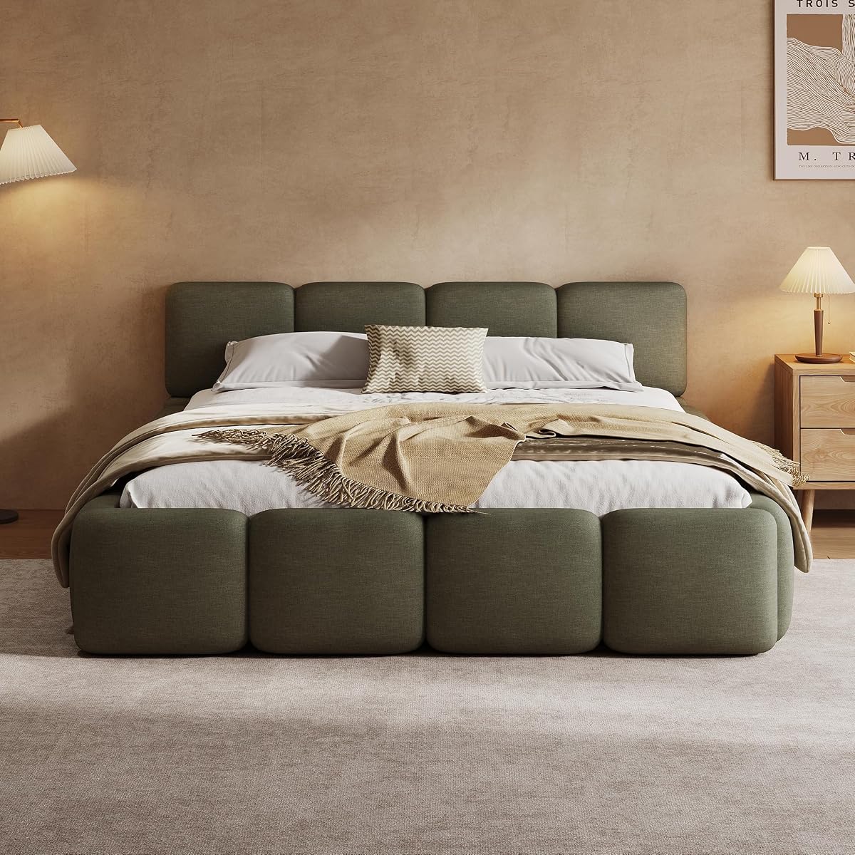 Queen Linen Blend Platform Bed, Thick Headboard and Footboard, Green