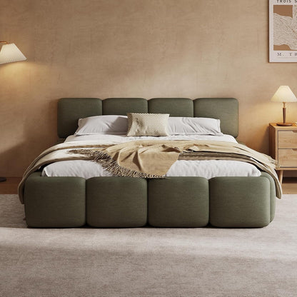 Queen Linen Blend Platform Bed, Thick Headboard and Footboard, Green