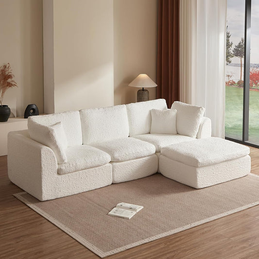 110" Cloud Sectional Couches for Living Room, Convertible L Shape Couch with Ottoman, 3 Seater Modular Sectional Sofa, Warm White
