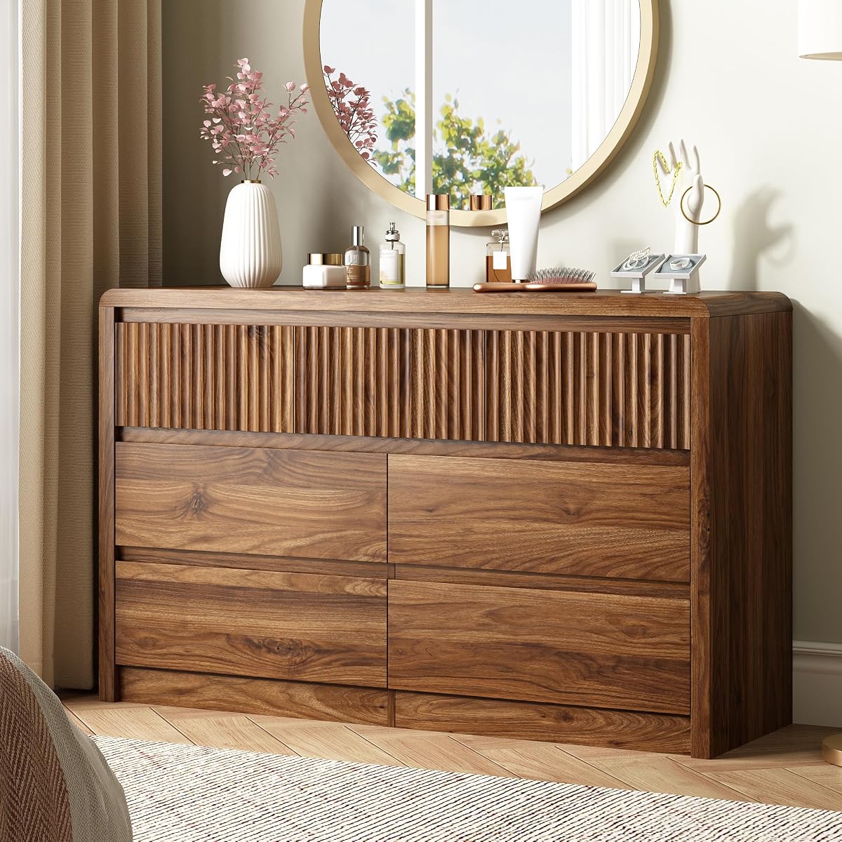 Walnut Fluted 7 Drawer Dresser for Bedroom, Curved Edge, 50" Wide