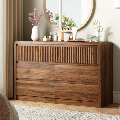 Walnut Fluted 7 Drawer Dresser for Bedroom, Curved Edge, 50" Wide