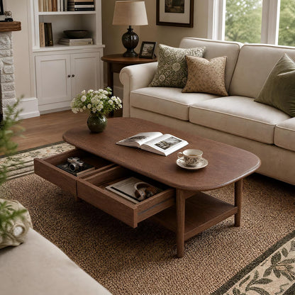 100% Solid Oak Wood Coffee Table with Storage for Living Room, 47.24"W