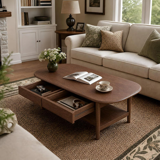 100% Solid Oak Wood Coffee Table with Storage for Living Room, 47.24"W