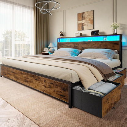 King Size Bed Frame with 2-Tier Storage Headboard & 6 Drawers