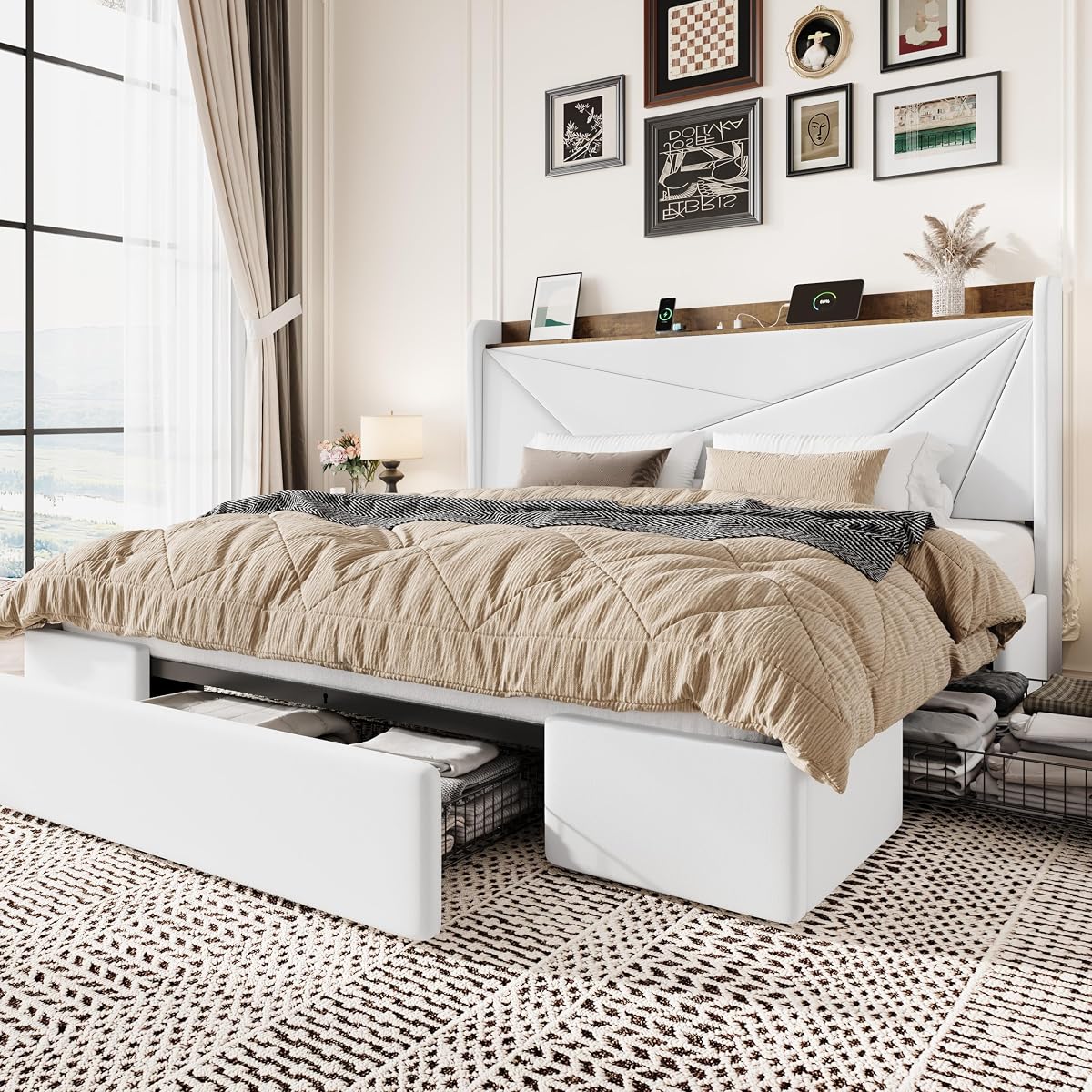 King Bed Frame, Storage Headboard with Drawers, Charging, White