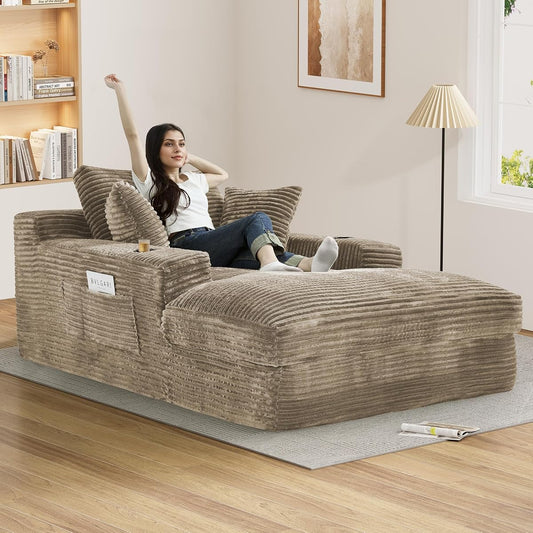 75.9"D Oversized Chaise Lounge Chair Indoor with Cup Holders,Dark Camel