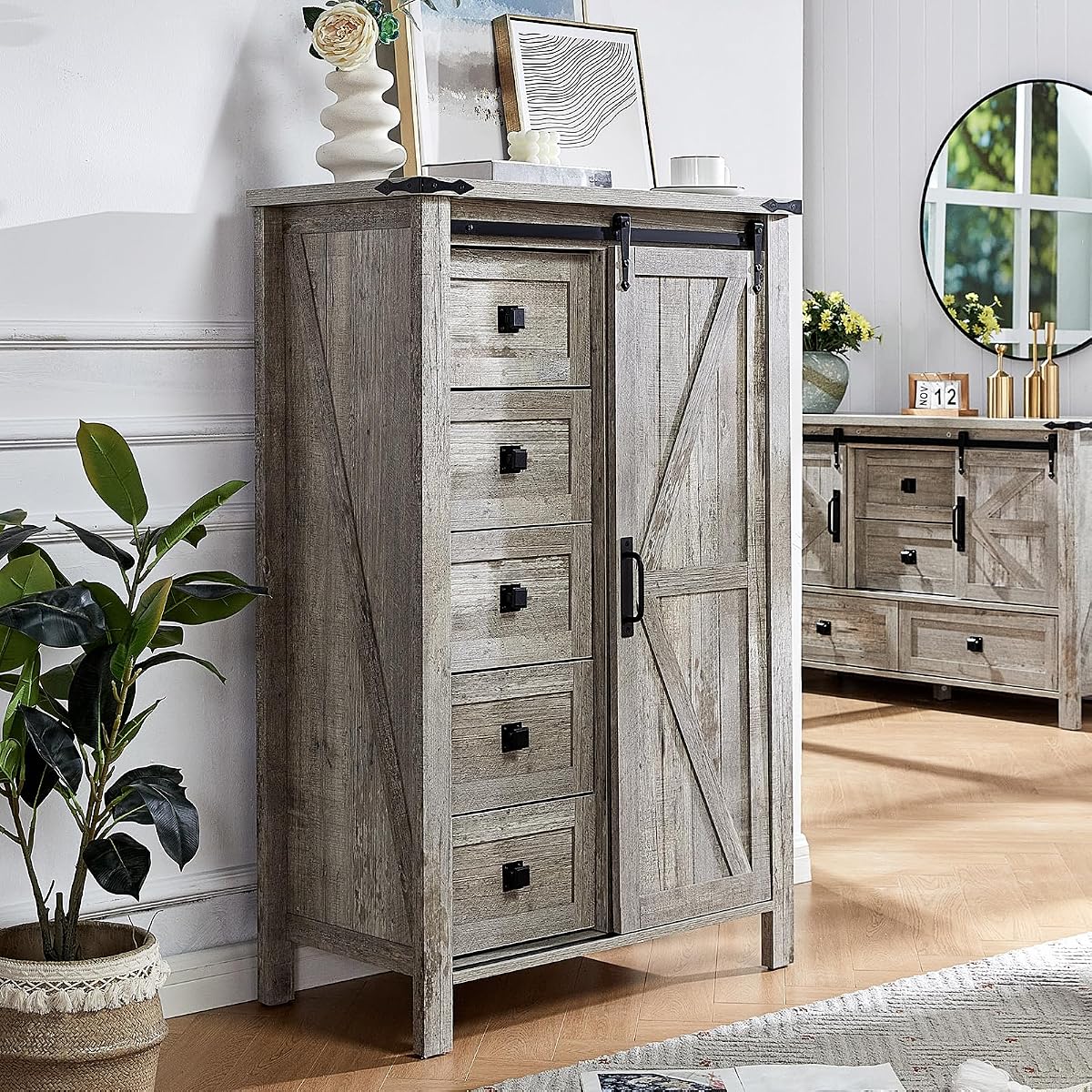 31.5'' Farmhouse Dresser with Sliding Barn Doors, 48" Rustic 5 Drawer Tall Dresser, Storage Organizer for Bedroom, Entryway, Light Rustic Oak