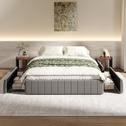 Full Size Velvet Upholstered Platform Bed Frame with 4 Storage Drawers, Vertical Channel Tufted, Low Profile, Fits Standard Headboards, Wooden Slats Support, Easy Assembly, Grey