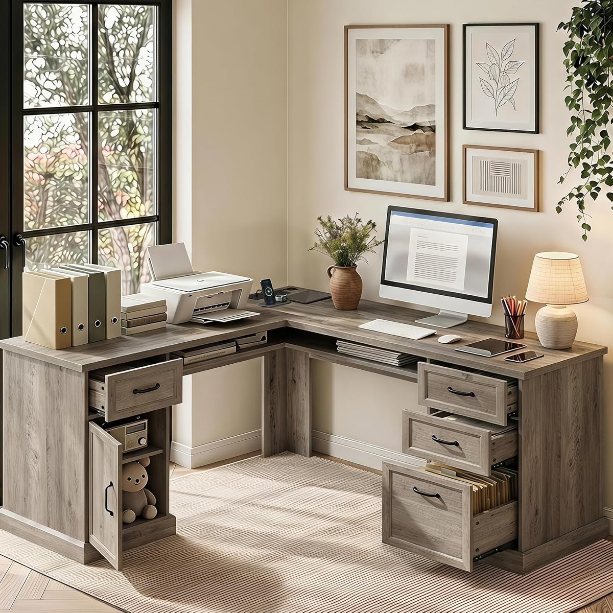 L Shaped Executive Desk with Storage, 4 Drawers, Grey