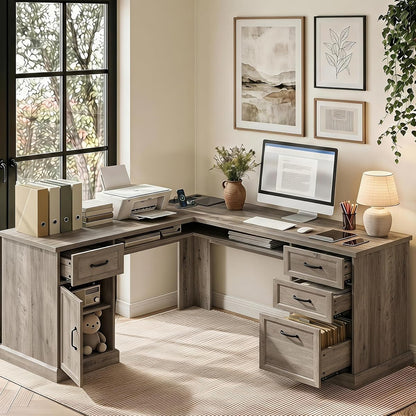 L Shaped Executive Desk with Storage, 4 Drawers, Grey