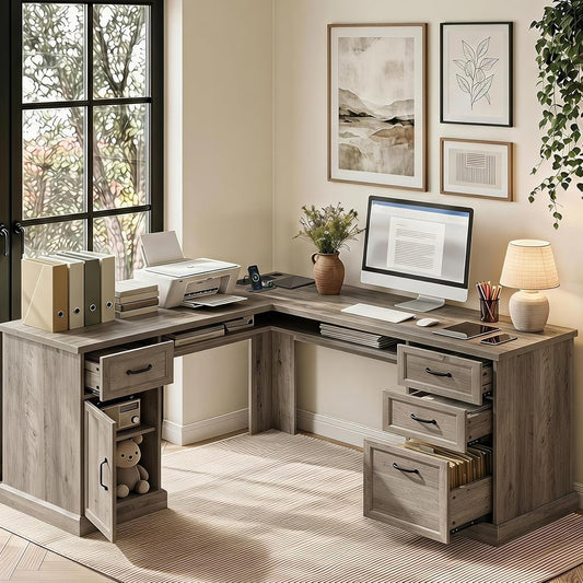 L Shaped Executive Desk with Storage, 4 Drawers, Grey
