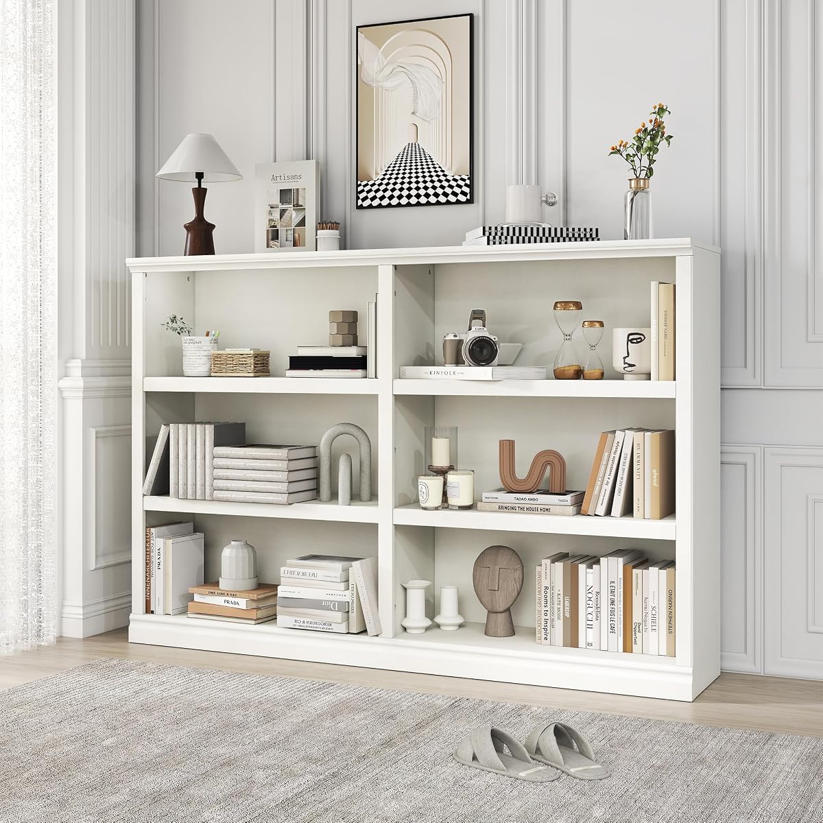 64" W Double Wide Open Shelf Bookcase, 3 Tiers 6 Storage Cube Book Shelf | Horizontal bookshelf, Display Cabinet Organizer Indoor Furniture, Home Library Office, White Adjustable Shelf