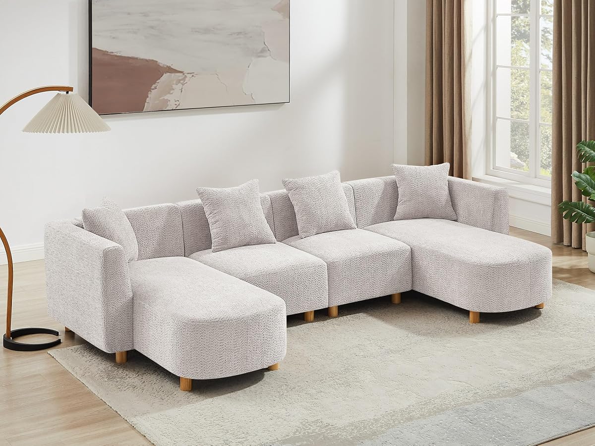 113" U-Shaped Sectional Sofa with 4-Seater, 4 Pillows, Light Khaki