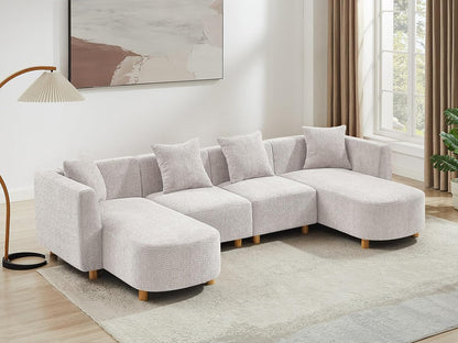 113" U-Shaped Sectional Sofa with 4-Seater, 4 Pillows, Light Khaki
