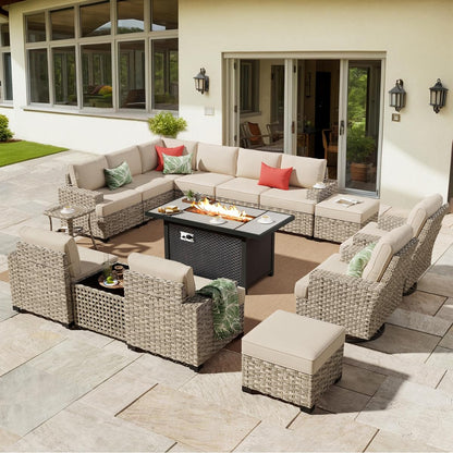 Outdoor Sectional Patio Furniture Set with Fire Pit Table,15 Pieces Wicker Conversation Sets L Shaped Couch,Extra Deep Out Door Sofa Outside Furniture with Swivel Chair Ottoman,Beige