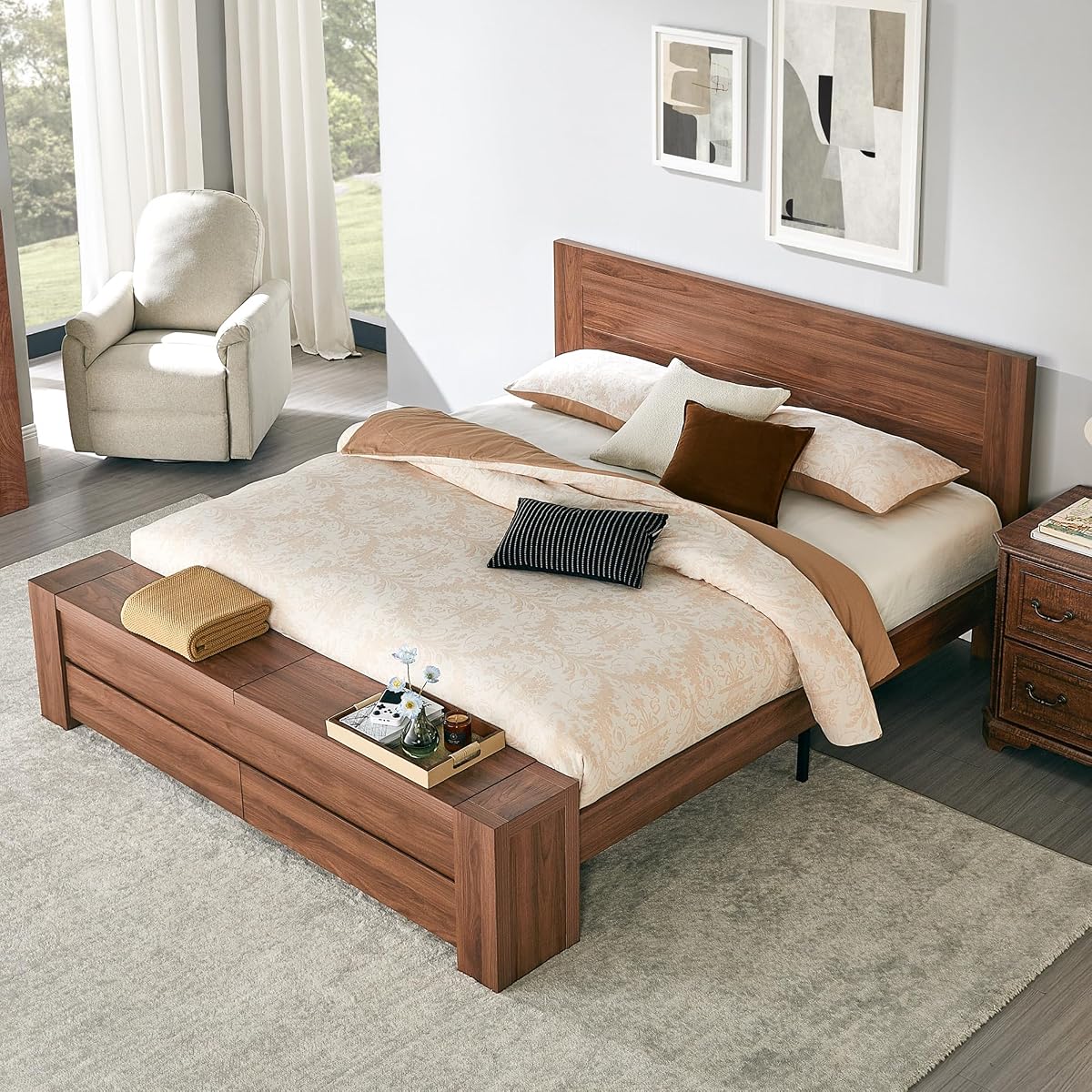 King Bed Frame with Headboard and Footboard Storage Bench,Light Walnut