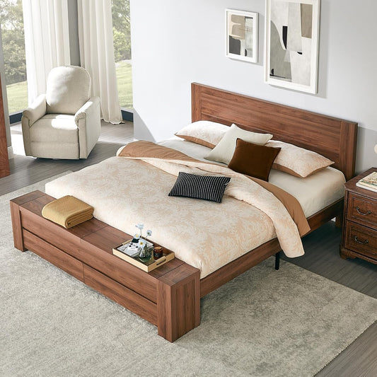 King Bed Frame with Headboard and Footboard Storage Bench,Light Walnut