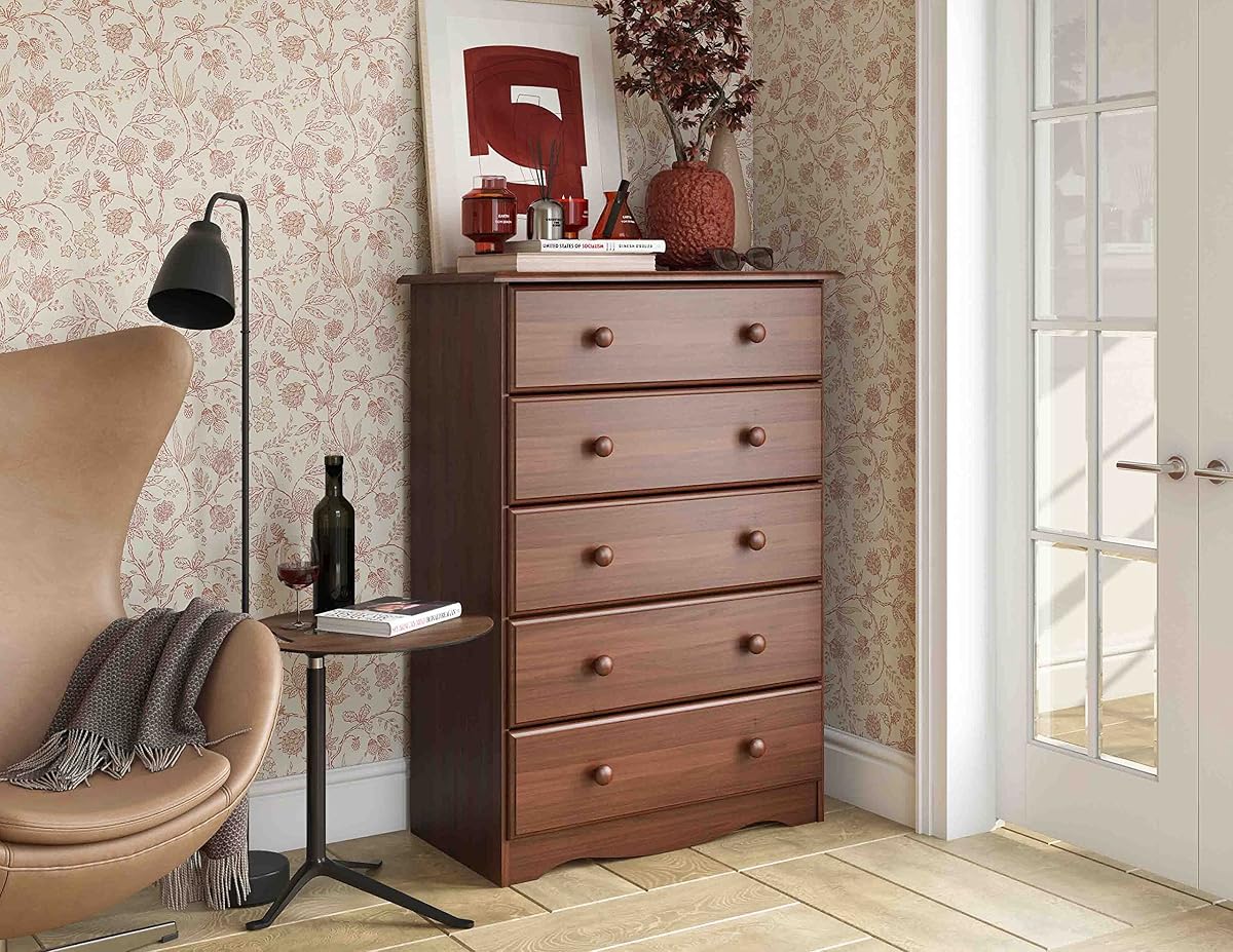 100% Solid Wood 5-Drawer Chest, Mocha. Requires Assembly