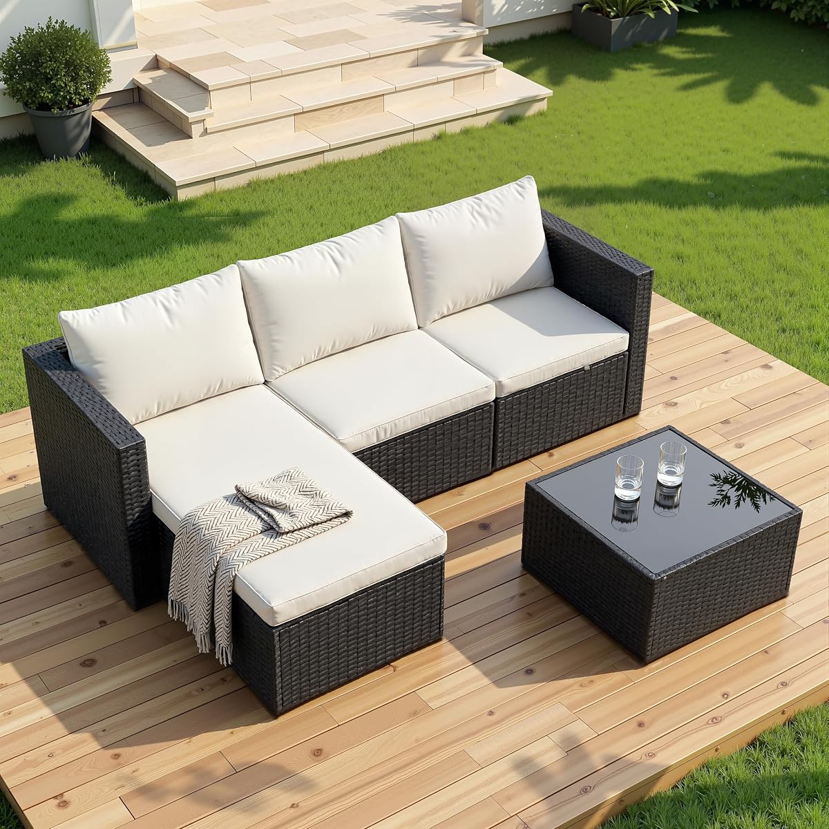 4 Pieces Patio Furniture Set, 2-in-1 Convertible Sectional Sofa & Chaise Lounge, All-Weather Wicker Rattan Sofa Couch with Cushions & Coffee Table for Yard, Garden, Porch, Poolside (Beige)