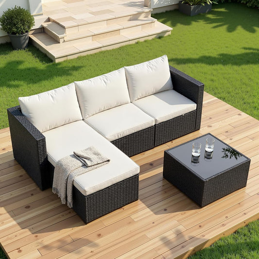 4 Pieces Patio Furniture Set, 2-in-1 Convertible Sectional Sofa & Chaise Lounge, All-Weather Wicker Rattan Sofa Couch with Cushions & Coffee Table for Yard, Garden, Porch, Poolside (Beige)