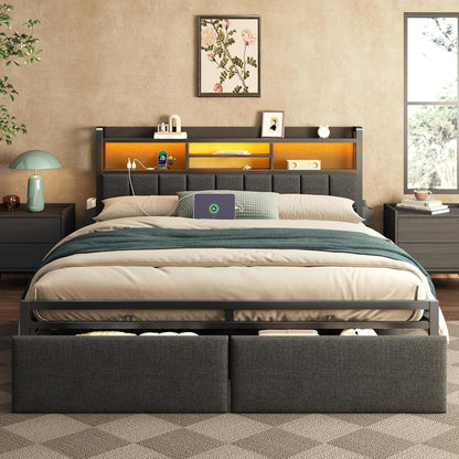 King Size Bed Frame with Headboard, Drawers, Charging Station, LED