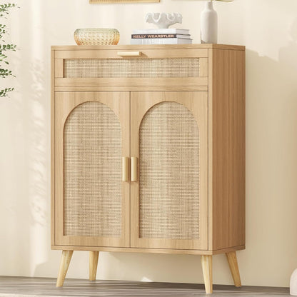 Rattan Sideboard Buffet Cabinet with Storage, Boho Sideboard with Drawer & Adjustable Shelf, Kitchen Floor Cabinet with 2 Doors & Solid Wood Feet, Coffee Bar for Entryway, Living Room, Natural Oak