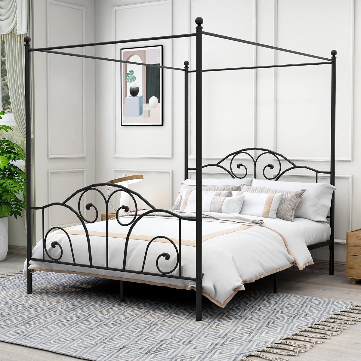 Queen Size Four-Poster Metal Canopy Bed Frame, Black