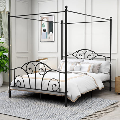 Queen Size Four-Poster Metal Canopy Bed Frame, Black