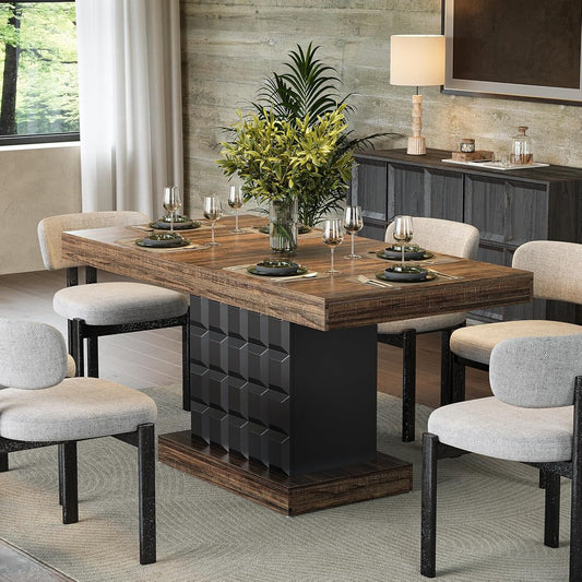 63" Modern Dining Table, Rectangular Dinner Table for 4-6, Farmhouse Kitchen Table, Sturdy Wood Pedestal Base for Kitchen/Dining Room, Rustic Brown & Black