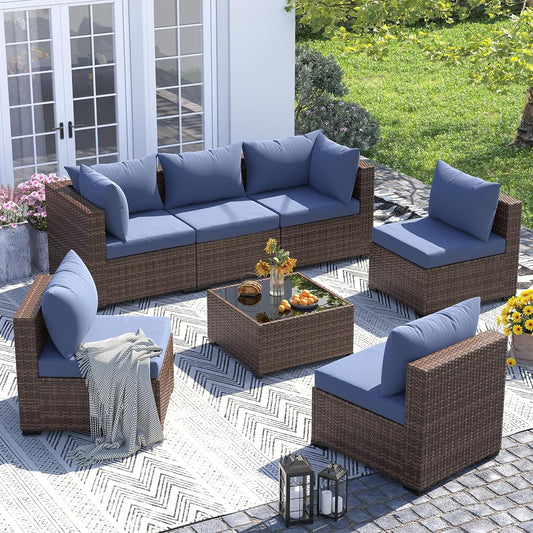 Patio Furniture Set Modular Outdoor Sectional 7 Piece Wicker Patio Set, Multiple Combinations Sectional Sofa w/Coffee Table, Navy Blue