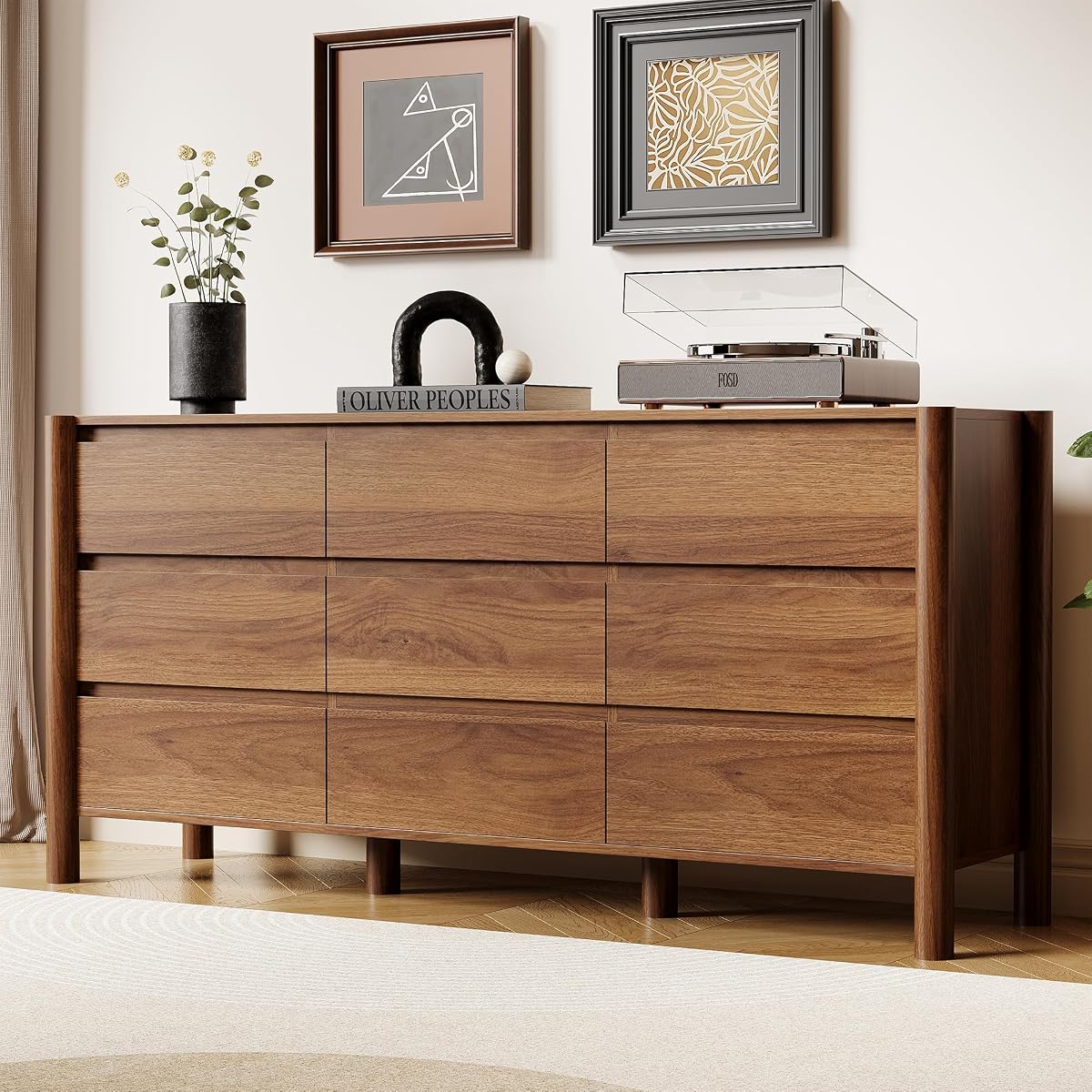 Walnut Dresser for Bedroom,63"Wide 9 Drawer Mid Century Modern Chest