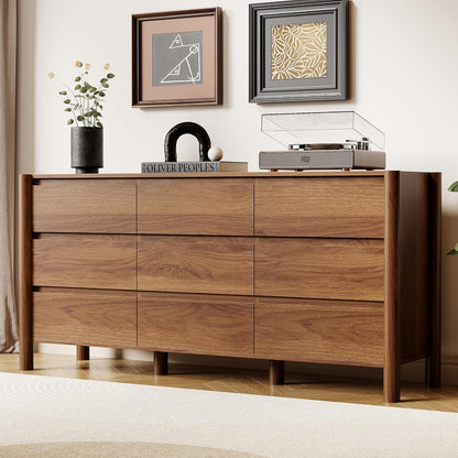 Walnut Dresser for Bedroom,63"Wide 9 Drawer Mid Century Modern Chest