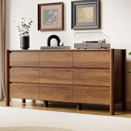 Walnut Dresser for Bedroom,63"Wide 9 Drawer Mid Century Modern Chest